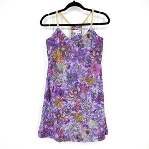 Jude‎ Connally Purple Floral Paisley Dress Gold Metallic Straps Racerback Mini L
